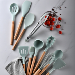 Silicone Kitchen Utensil Set – Heat-Resistant Tools with Wooden Handles